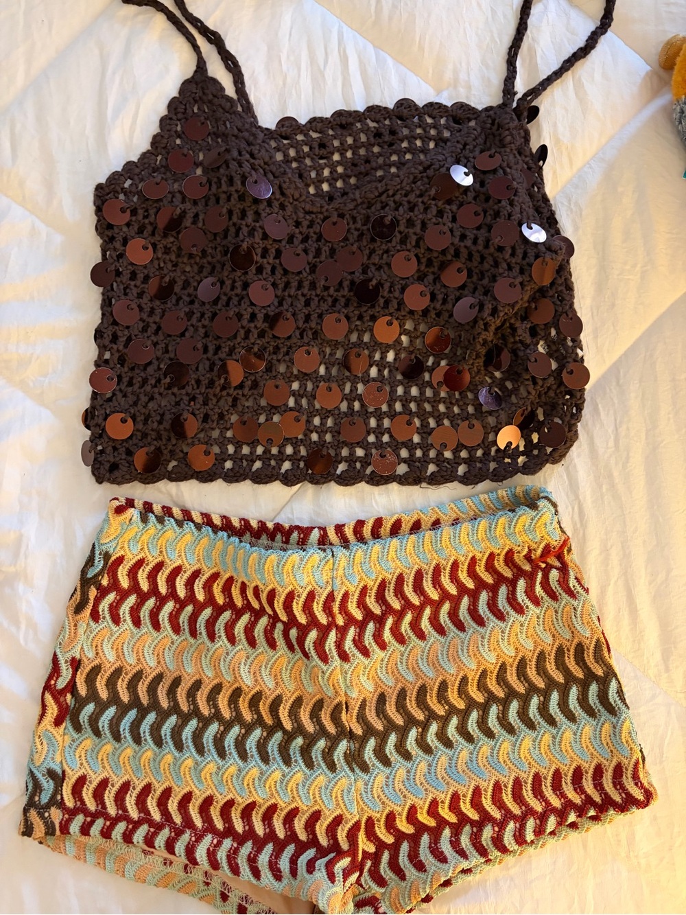 Boho Crochet Multicolor Knit Mini Skirt plus Top